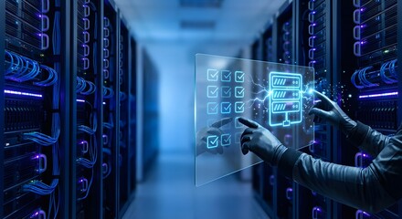 Person interacting with a digital interface displaying data checks within a brightly lit server room environment.