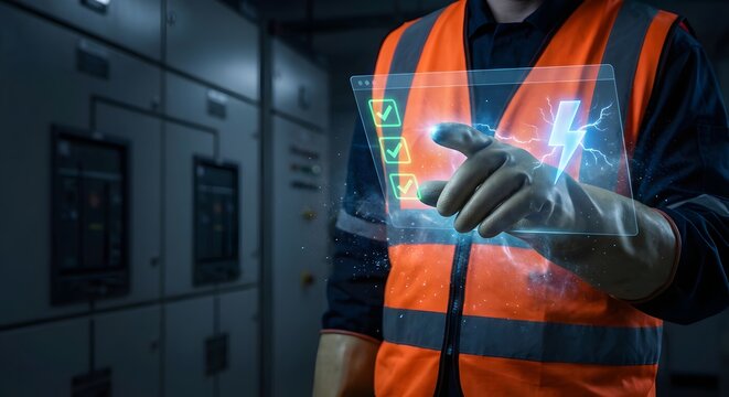 Technician using digital interface to monitor electrical systems in a high-tech power plant control room. - Powered by Adobe
