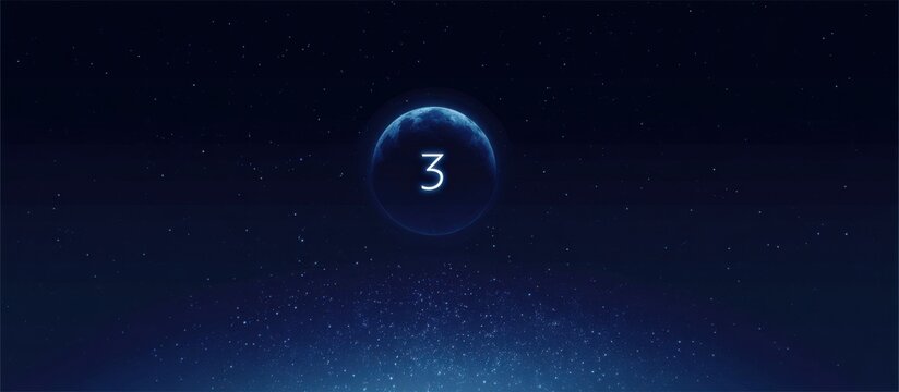 Dark night sky with glowing celestial orb and number three