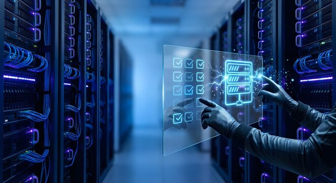 Person interacting with a digital interface displaying data checks within a brightly lit server room environment. - Powered by Adobe