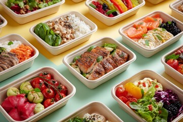 Delicious food in containers on color background