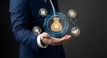 Person holding glowing icons representing finance, investment, growth and global business success in dark setting.