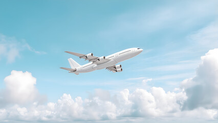 Obraz premium Wide angle shot of a passenger plane flying above the clouds is dominated by a pale azure blue sky, sunset, shot in high resolution ,soft style.