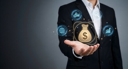 Person holding glowing bag of money with financial icons representing investment and growth opportunities.