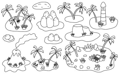 Islands with palm trees, treasures and volcanoes hand drawn doodle vector set