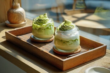 Matcha dessert drinks on wooden tray