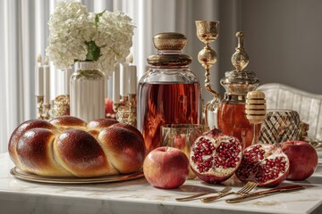 Rosh Hashanah table setting with challah