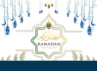 Elegant Islamic ramazan kareem vector featuring mosque, crescent moon, lanterns, with decorative frame for Ramadan text.