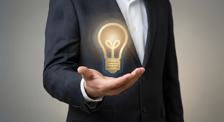 Person presenting glowing lightbulb idea with financial strategy text in a professional business setting.