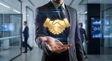 Person presenting a glowing handshake icon in a modern office representing trust and successful business deals.