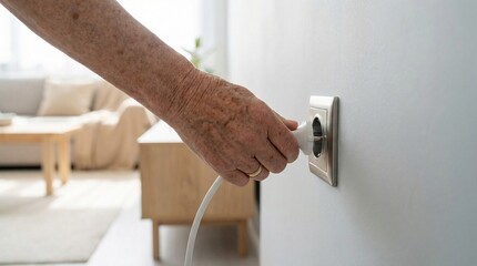Elderly person's hand plugging an electrical appliance into a wall socket indoors
