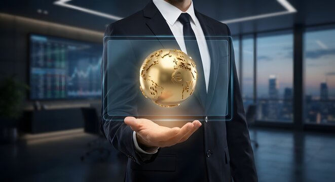 Person holding glowing golden earth in hand with financial data displayed on screens in modern office. - Powered by Adobe
