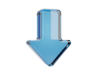 A vibrant blue 3d arrow pointing downward against a white background