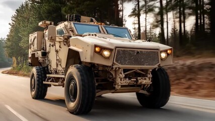Middle view of a lightweight armored vehicle in motion demonstrating enhanced mileage through innovative materials and design.