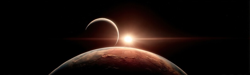 A celestial body with a sunrise