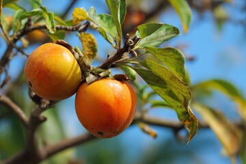 Picking persimmons on a tree branch
