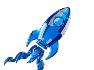 Illuminated blue rocket in flight