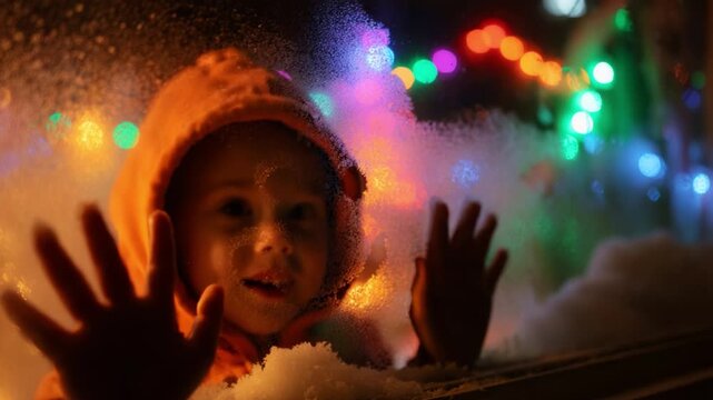 A Child's Joyful Wonder Captured Through a Frosted Window Pane Adorned with Twinkling Holiday Lights, Evoking the Spirit of Childhood Magic and Delightful Winter Memories.