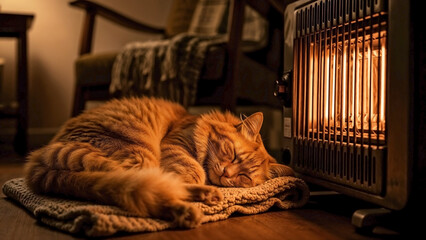 Cozy sleeping cat by heater rests on warm mat. Orange tabby feline curled near electric heater, showing peaceful domestic comfort, a serene sleeping cat by heater scene. Ideal for winter, pet warmth.