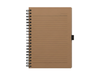 Brown spiral notebook with black bookmark and lined pages