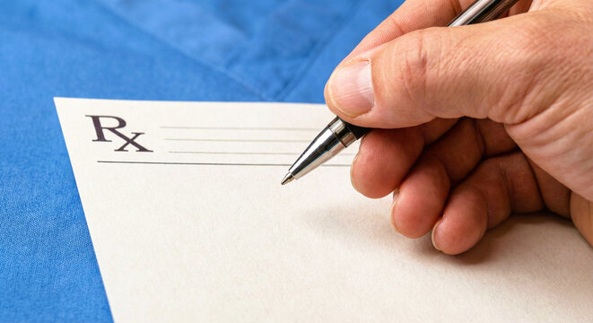 Doctor Hand Writing on Blank Medical Prescription Pad
