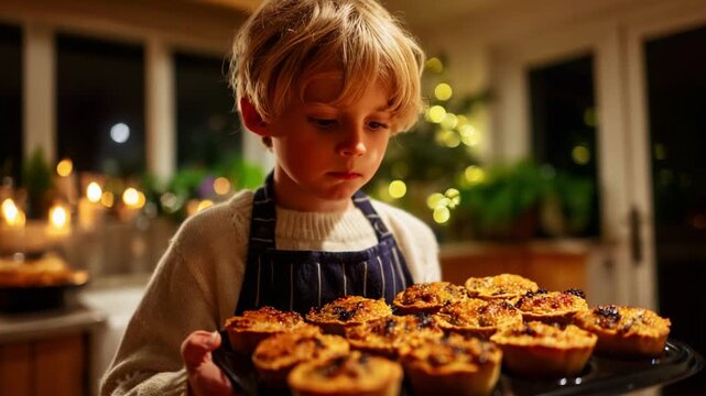 A Young Chef Proudly Presents a Rustic Tray of Deliciously Baked Pastries, Capturing the Joy of Cooking with Family in a Cozy Kitchen Filled with Warm Lights and Extras.