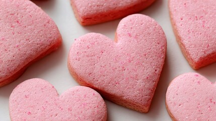 Obraz premium A close-up view of pink heart-shaped cookies on a white surface