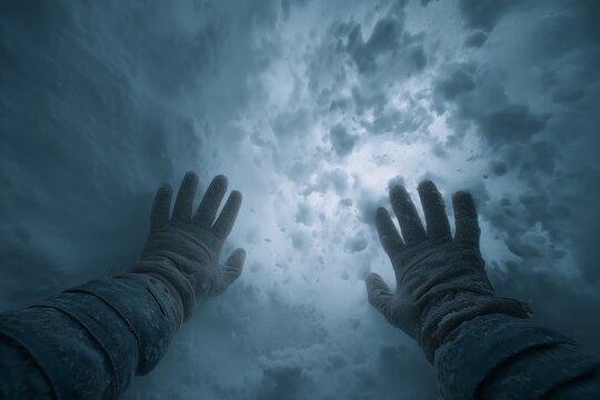 Hands pushing through snow under avalanche. Gloved hands emerging from snow trap. Hands in insulated gloves with cuffs pushing up through thick snow layer, close-up POV.