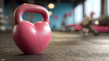 A pink kettlebell sits on the floor of a modern gym with blurred equipment in the background.