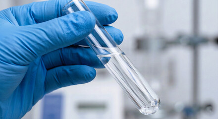 Scientist Hand in Blue Glove Holding Test Tube with Liquid © sxcd