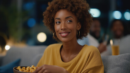 Housewarming gathering featuring people sharing food in new living room, relaxed mood, personal touches, social interaction, comfort, stability and meaningful life milestone concept cinematic color