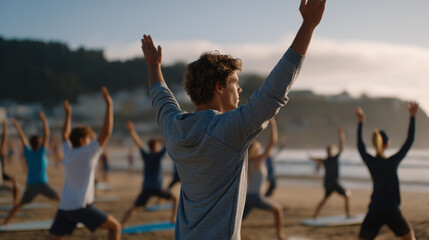 An instructor leading a group through warm-up exercises on the beach before a surf lesson, promoting fitness and teamwork among participants ready to tackle the ocean waves together. cinematic
