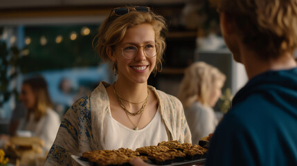 Housewarming gathering featuring people sharing food in new living room, relaxed mood, personal touches, social interaction, comfort, stability and meaningful life milestone concept cinematic color