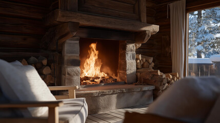 Fototapeta premium Traditional wooden cabin in winter featuring a fireplace, soft shadows and warmth creating a timeless sense of comfort and escape. cinematic color correction, natural uneven lighting yet gentle