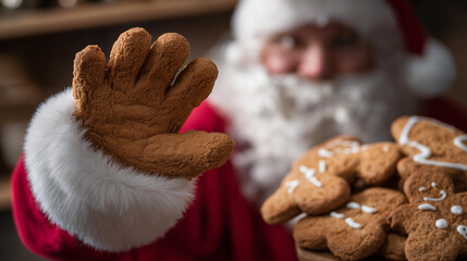 Whimsical Christmas scene of gingerbread cookies and Santa’s gloved hand, playful interaction expressing joy, generosity, nostalgia, and festive celebration. cinematic color correction, natural