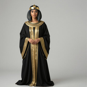 Egyptian woman in a black galabeya with ornate gold jewelry and a regal headpiece, standing calm and centered.