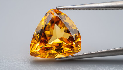 Triangle cut yellow citrine gem held in metal tweezers. Faceted gemstone sparkles with golden light on grey backdrop