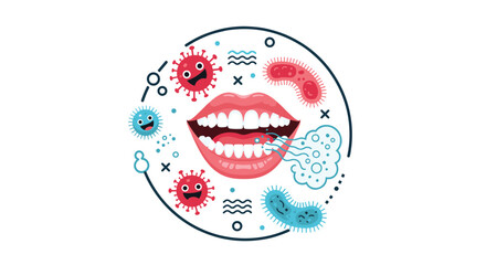 Concept of oral hygiene showing a human mouth surrounded by various colorful bacteria and germs inside a circular frame.