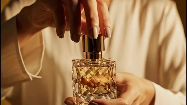Luxury glass perfume bottle with golden fragrance and soft smoke on dark background