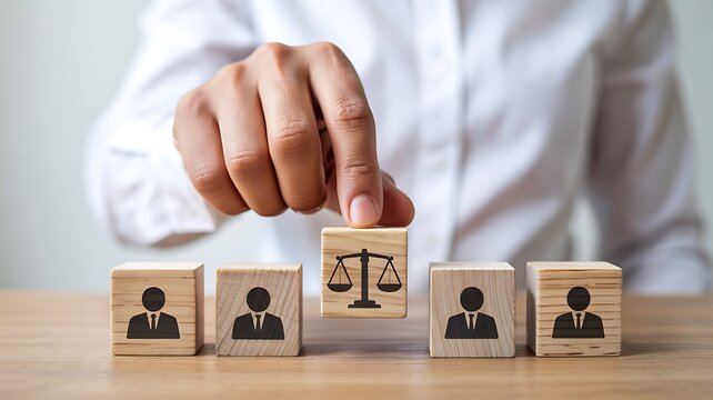 Justice & Equality: Hand Placing Scale of Justice Block Among Employee Icons