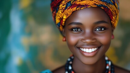 Smiling African woman wearing a colorful headwrap
