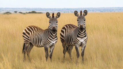 Two zebras standing in golden grass in the wild