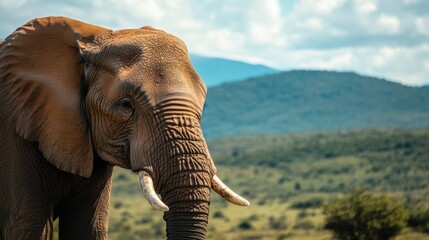 Close-up of an elephant in a mountainous African landscape
