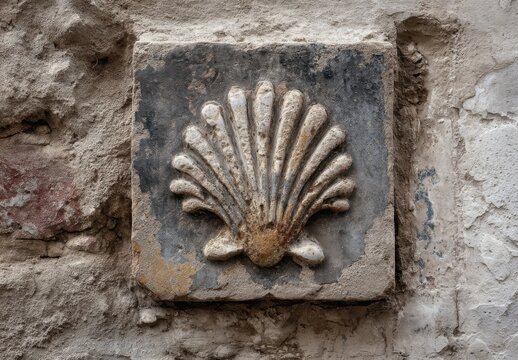 Embossed scallop shell on a tile affixed to a weathered stone wall
