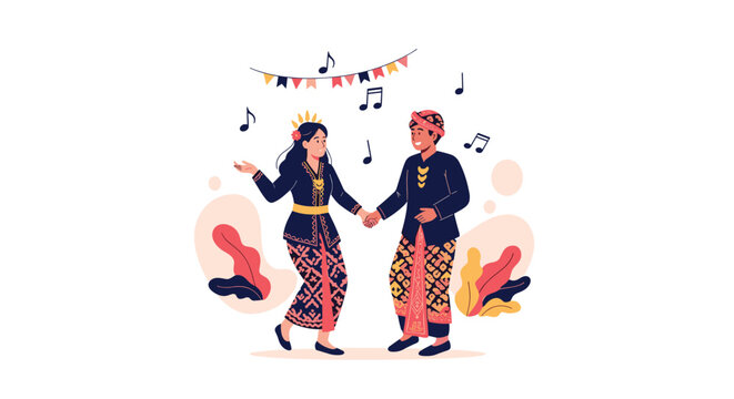 Cheerful couple performing a traditional javanese dance wearing batik clothing with festive decorations and musical notes.