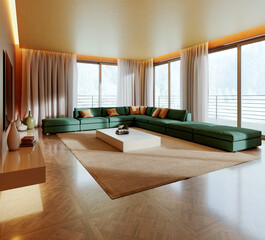 Naklejka premium Large luxury modern bright interiors Living room mockup illustration 3D rendering image