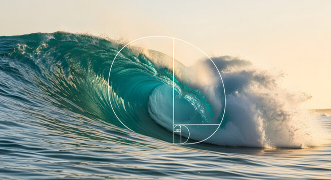 Fibonacci composition grid over a large turquoise ocean wave bre