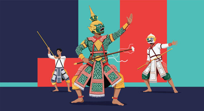Three performers dressed in elaborate thai khon masks and costumes engaged in a traditional dramatic dance performance.