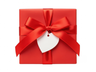 Red gift box with bow and heart tag isolated on transparent background