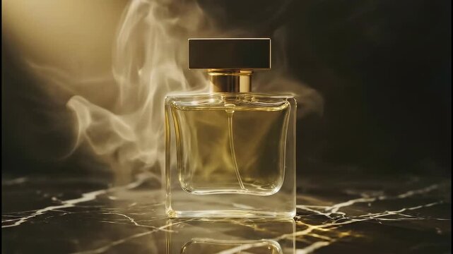 Luxury glass perfume bottle with golden light and flowing smoke